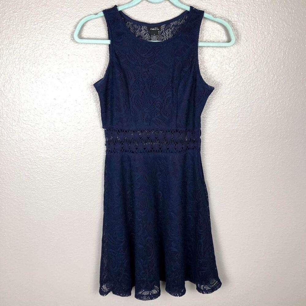 Rue 21 Size Small Navy Blue Lace Skater Dress w Cut Outs Exposed Midriff Section